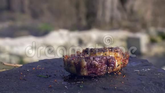 口味中的多汁脂肪肉在篝火热石上准备户外厨房里放着大自然的烟雾视频的预览图