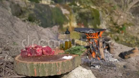户外美食在野餐的篝火背景下用木桩上的多汁肉做牛排视频的预览图