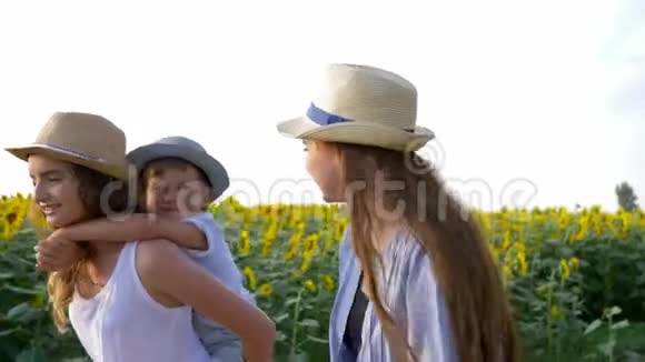 大自然和孩子们姐妹和弟弟带着向日葵在田野里漫步慢慢地享受新鲜空气视频的预览图