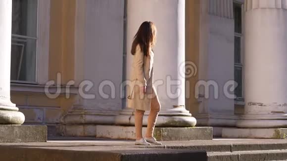 时髦的女人环顾皇宫大门的楼梯视频的预览图