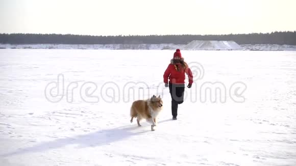 冬天雪地里和狗奔跑的女孩视频的预览图
