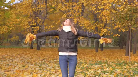 欢乐的女人转身在秋天的公园里抱着金黄的叶子视频的预览图