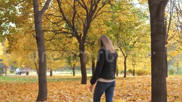 孤女走在秋天的公园里落叶金黄视频的预览图