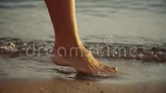 女孩踩着潮湿的海岸线沙日落时年轻女子沿着海边的腿年轻女子沿着w走视频的预览图