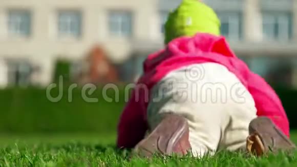 一个穿着粉红色毛衣和绿色帽子的小女孩在草地上爬行视频的预览图