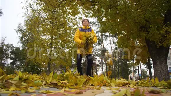 快乐的女孩在秋天在公园里扔黄叶微笑着枫叶缓缓地落在地上慢动作视频的预览图