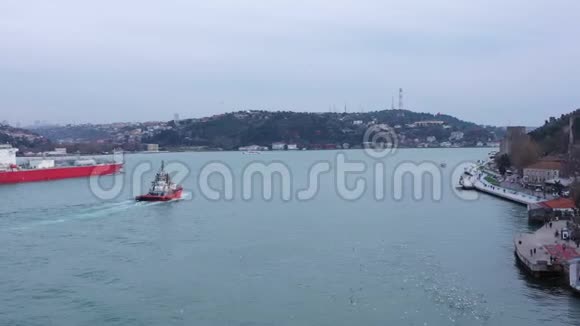 伊斯坦布尔博斯普鲁斯液化石油气货船漂浮和海鸥鸟瞰视频的预览图