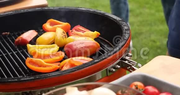 在花园烤架上烤肉和蔬菜的过程视频的预览图