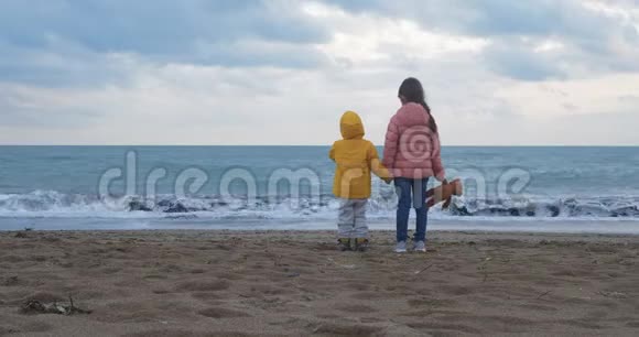 小朋友在沙滩上玩姐姐和她的弟弟牵手视频的预览图