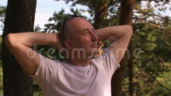 在针叶树景观上享受夏日森林的快乐男人视频的预览图