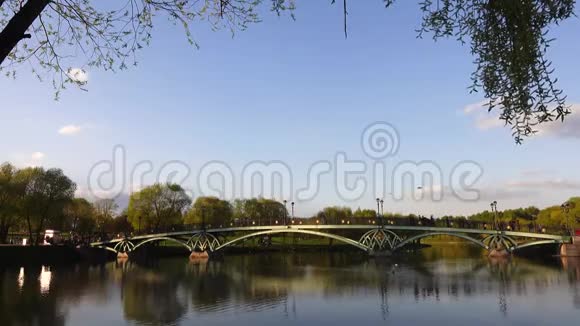 在Tsaritsyno公园有一座人行桥的池塘美景视频的预览图