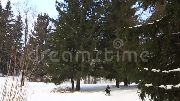 穿着黑色衣服的漂亮女孩骑在雪橇旁的雪山上雪橇很快视频的预览图