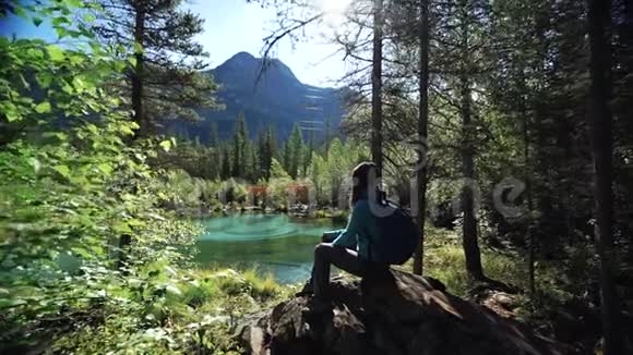 年轻的女游客正坐在石头上在阳光明媚的日子里欣赏美丽的蒙丹湖的风景视频的预览图