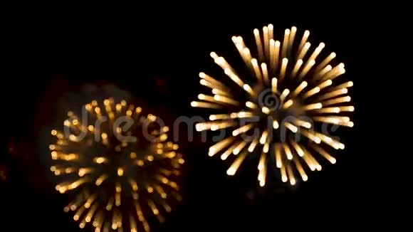 4K烟火背景抽象的真正金色的烟花与波克灯在夜空焰火表演视频的预览图