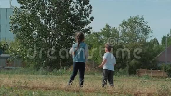 后景孩子玩风筝一个小女孩和一个男孩让一条飞蛇在草地上快乐和无忧无虑视频的预览图