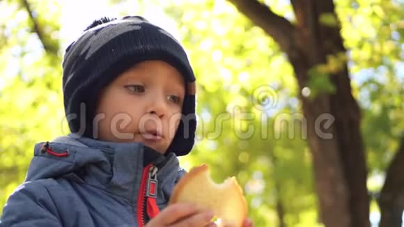快乐的孩子在户外吃面包家庭度假和野餐视频的预览图