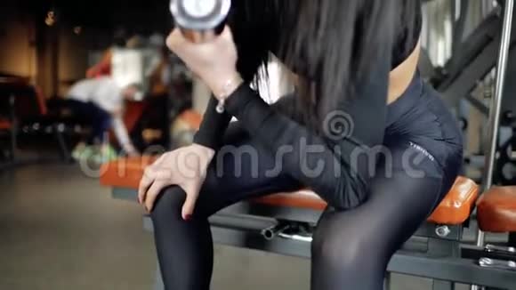 漂亮的白种人年轻女孩坐在长凳上做二头肌锻炼在健身房里举起哑铃视频的预览图