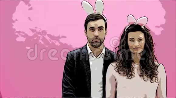 家人庆祝复活节有兔子耳朵的快乐夫妻节日快乐一对复活节彩蛋装饰视频的预览图