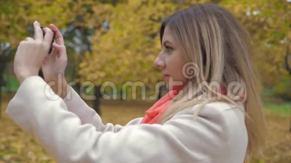 秋天公园里的女人用智能手机拍摄风景视频的预览图