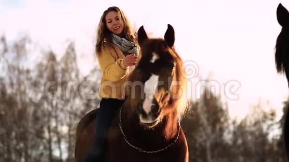 在农场骑马的女孩时髦漂亮的女孩抚摸着一匹马晴朗的冬天一天下雪了视频的预览图