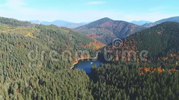 高原森林丘陵中的高山平静的蓝色湖泊视频的预览图