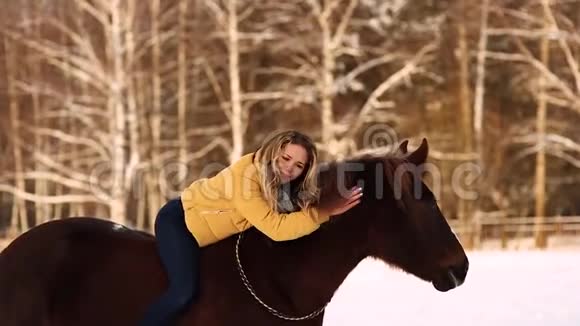 女孩躺在牧场上的马上时髦漂亮的女孩抚摸着一匹马晴朗的冬天一天下雪了视频的预览图