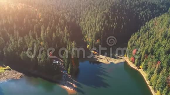 茂密的森林中的一片广受欢迎的湖泊映衬着图画山视频的预览图
