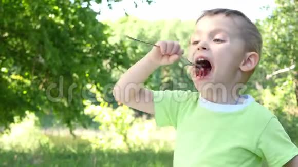 一个小男孩吃了一个什什烤肉串坐在自然背景的烧烤店里视频的预览图