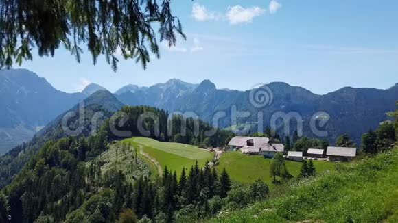 山区景观斯洛文尼亚阿尔卑斯山有农场和盛开的草地视频的预览图