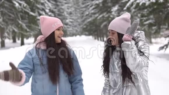 冬天两个穿着冬装的女朋友正在树林里散步心情很好视频的预览图