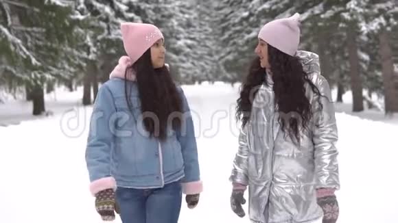 两个女朋友在冬天走在树林里心情很好慢动作视频的预览图
