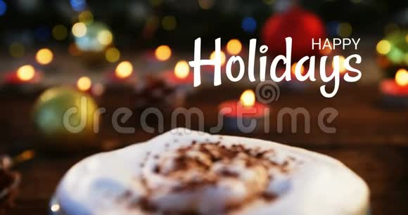 节日快乐短信圣诞装饰品和咖啡杯4k视频的预览图