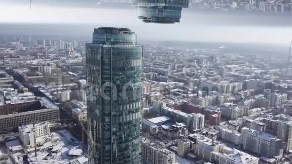 鸟瞰维索斯基摩天大楼和埃卡捷琳堡城市景观俄罗斯镜面地平线效果迷人的景色视频的预览图