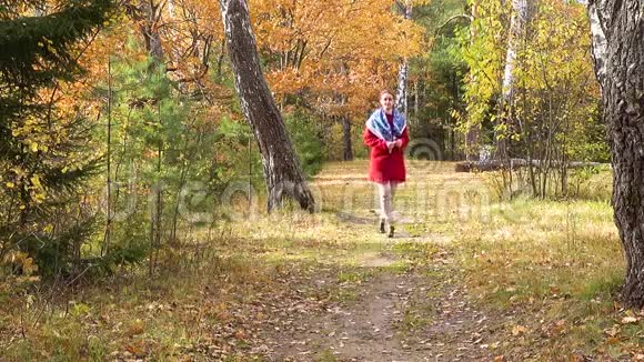 女孩走过秋天的森林视频的预览图