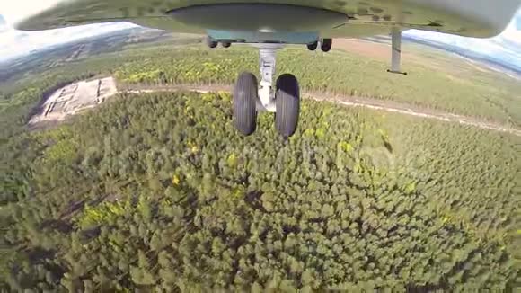 在阳光明媚的夏日里直升机飞过森林的灌木丛视频的预览图