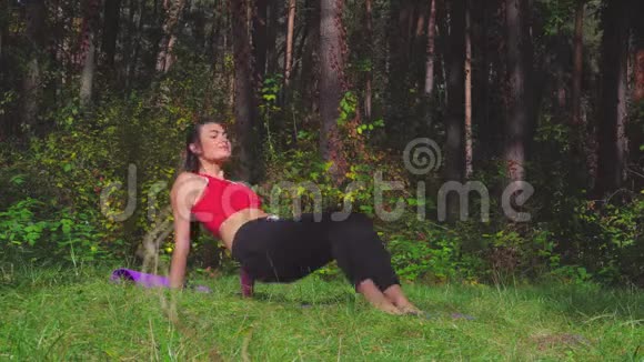 在阳光明媚的森林里做运动的年轻黑发女子适合女性工作视频的预览图