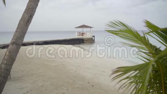 夏季旅程美丽的海景平房在热带海滩与大棕榈树视频的预览图