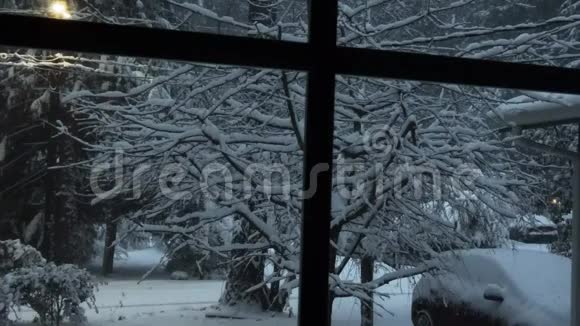 窗外望着白雪覆盖的院子和森林视频的预览图