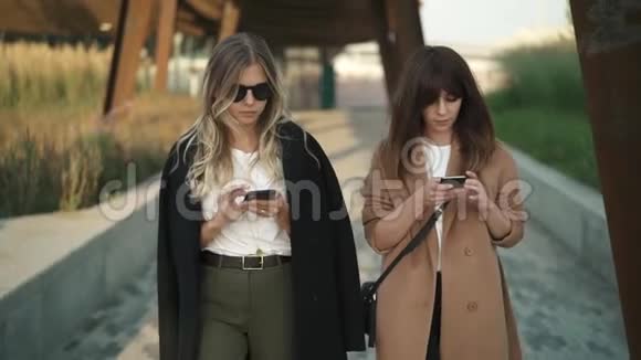 两位美丽的时尚博主在公园散步在智能手机上上网视频的预览图