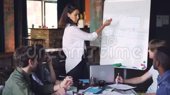 年轻的女士正在为她的同事做演讲她站在白板旁边说话说话说话视频的预览图