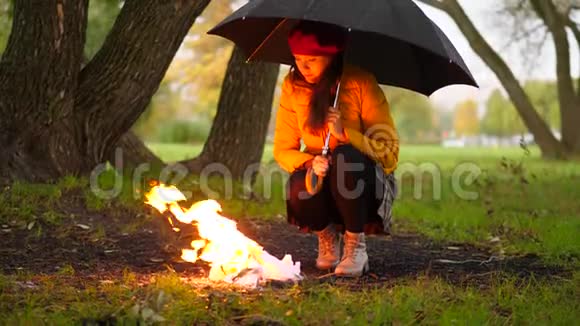 在寒冷的雨天伞下女人被火温暖深秋的森林视频的预览图