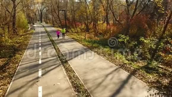 幸福夫妻清晨在秋园慢跑视频的预览图