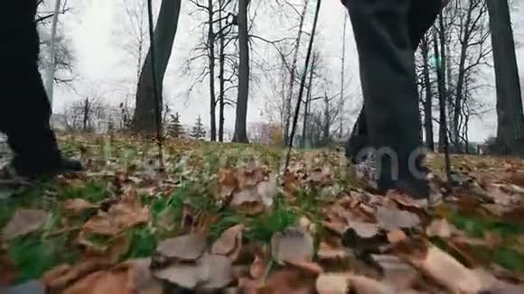 两位老年妇女用北欧的拐杖走路深秋在枯叶上行走脚在框架里慢慢视频的预览图
