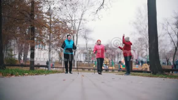 一位年老的妇女发出手势两位老年妇女开始用北欧的拐杖走路慢动作视频的预览图