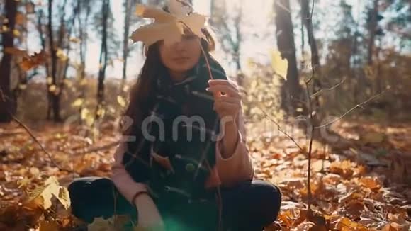 小女孩坐在森林里的树叶上手里拿着枫叶观赏视频的预览图
