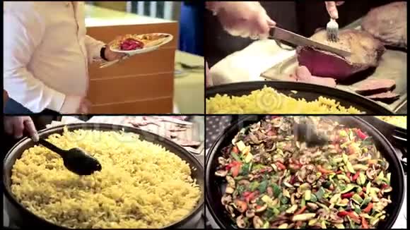 搭配美味的平底锅炒出五颜六色的新鲜蔬菜正在准备中厨师把通心粉混在大锅里厨师视频的预览图