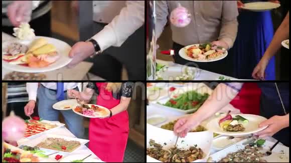 拼贴的人强加食物餐饮施加沙拉食物分配表视频的预览图