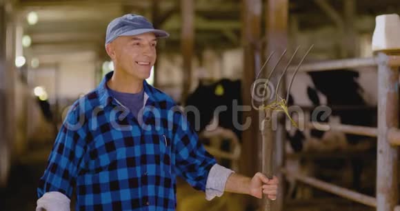 自信成熟的男农在马厩里拿着草叉视频的预览图
