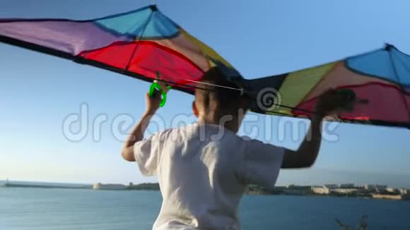 小孩玩玩具滑翔伞后视孩子在夏天的海天背景下旅行和度假概念视频的预览图