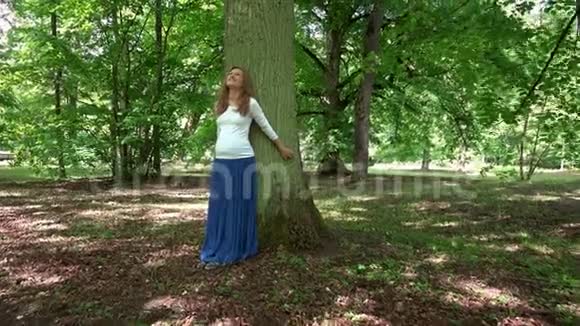 在公园里躺在大树干上的孕妇很放松视频的预览图